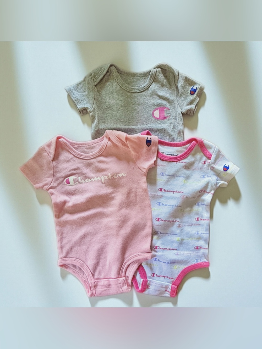 Champion Baby Girls' Bodysuit Trio - Pink, Gray, White with Logos